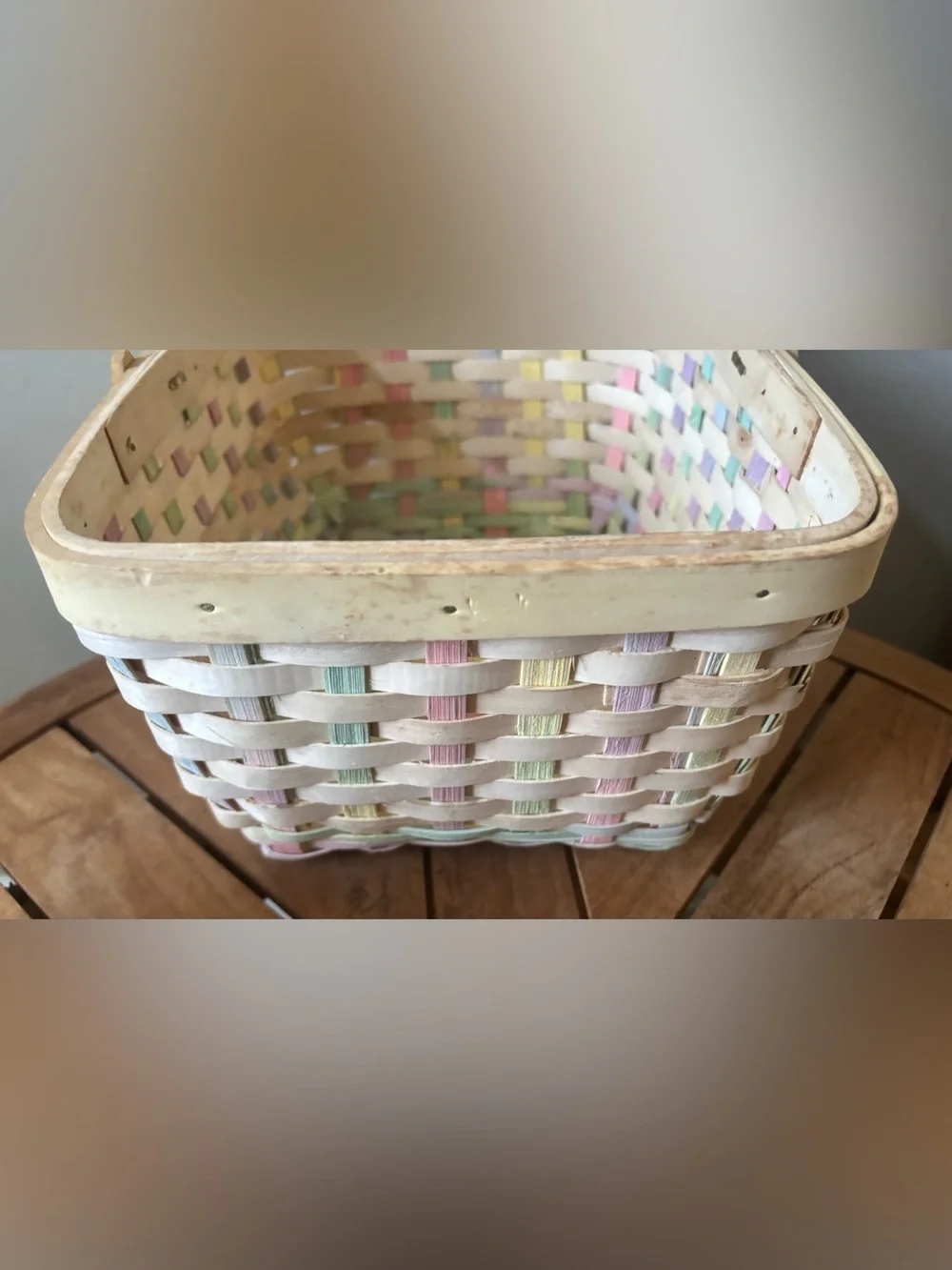 Vintage Pastel Woven Basket W/Handle 11”x9” Cottagecore
